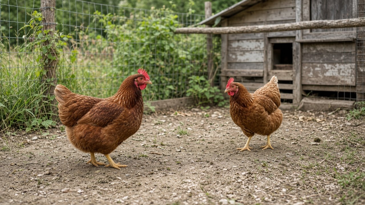 Deux poules pondeuses dans un enclos de jardin