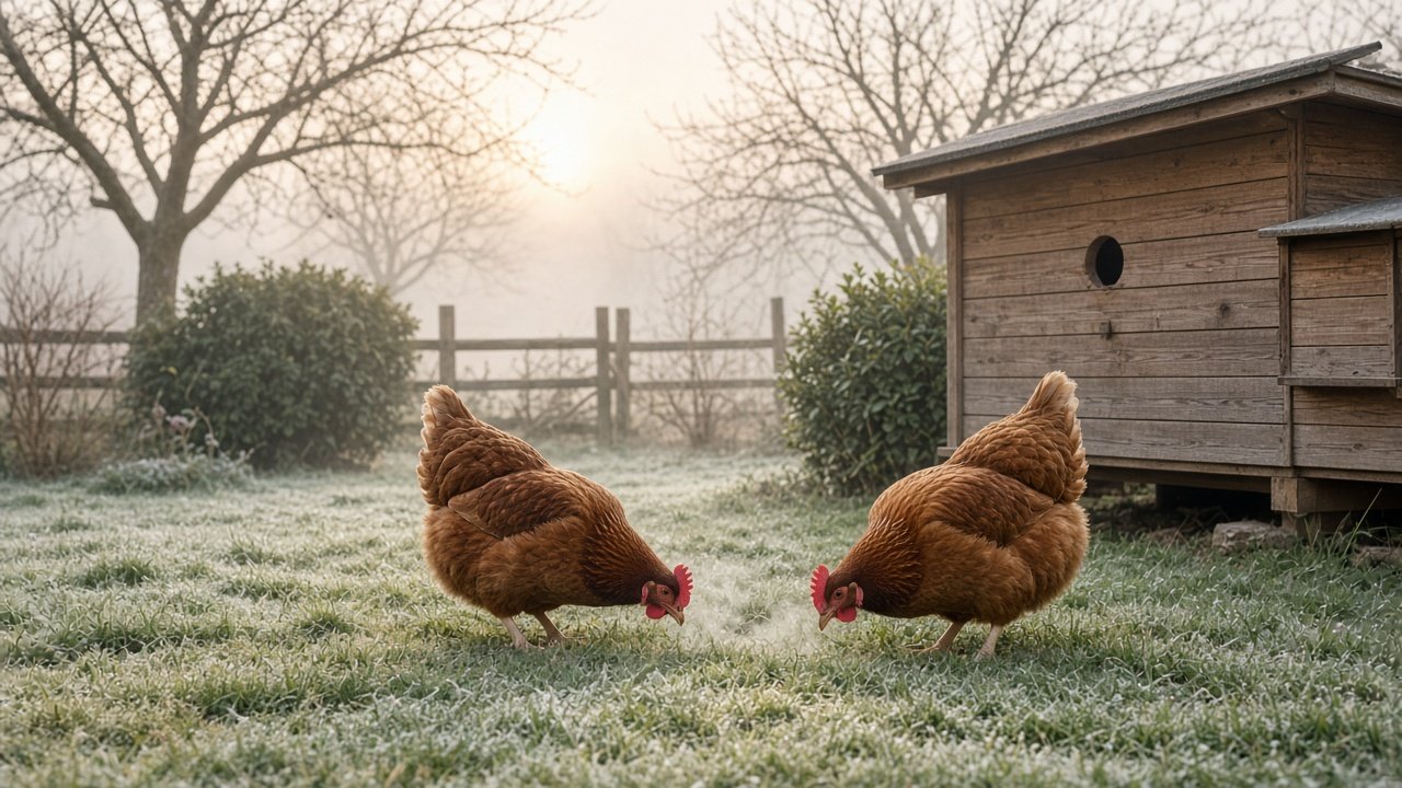 Poules pondeuses au jardin un matin d’hiver doux en Gironde