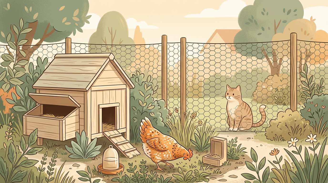 Poule au poulailler et chat séparé par une clôture au jardin