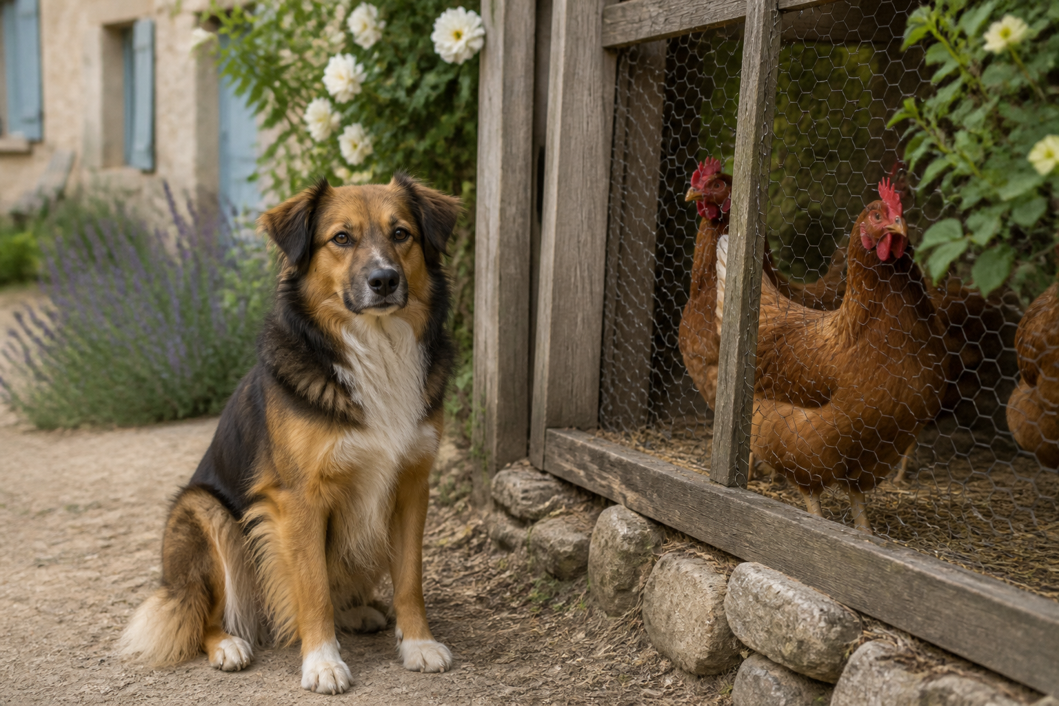 Chien calme près d'un poulailler — cohabitation jardin