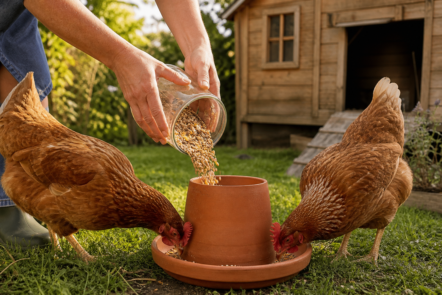 Distribution de grains à des poules pondeuses dans un jardin
