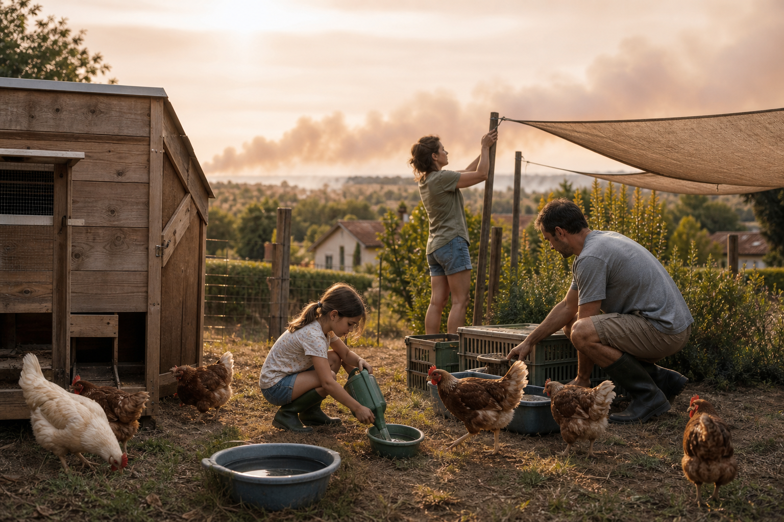 Poulailler et poules préparés face aux incendies en Gironde