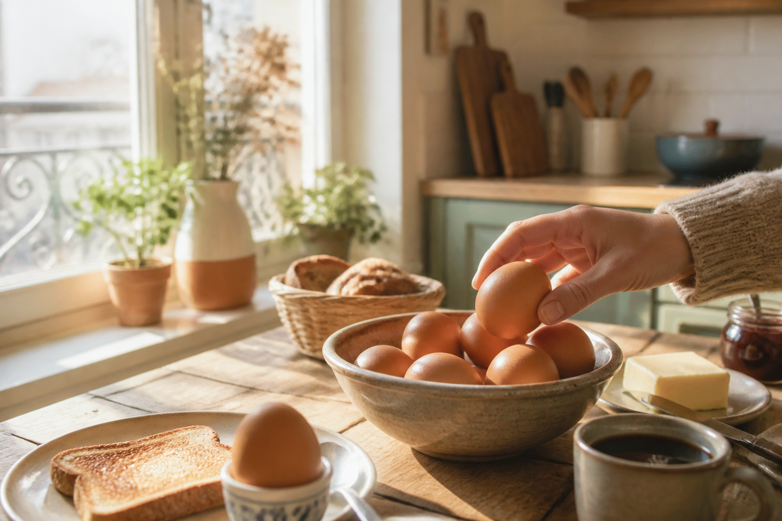 Petit-déjeuner français avec bol d'œufs — consommation record 2026