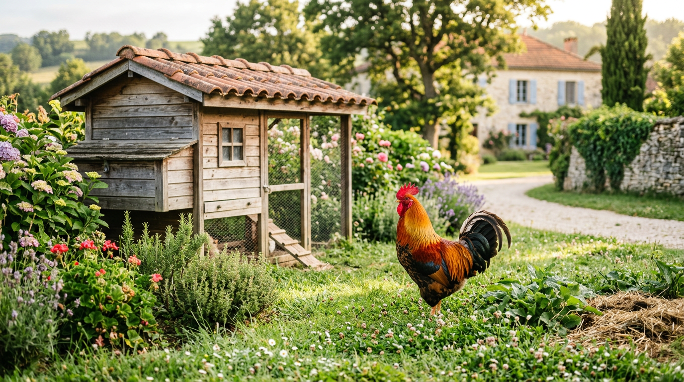 Coq près d'un poulailler au jardin