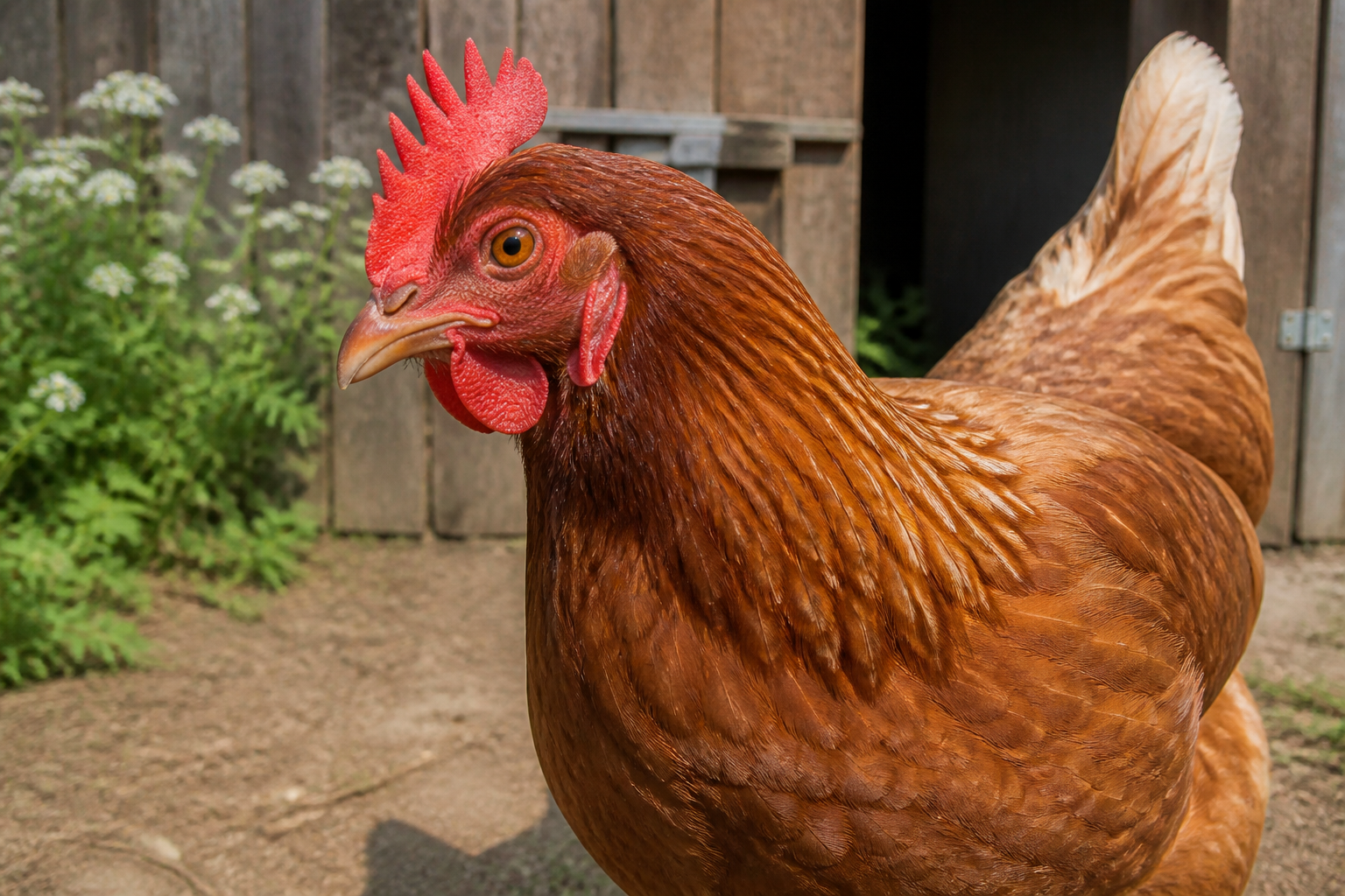 Poule pondeuse, crête rouge visible — observer la couleur de la crête