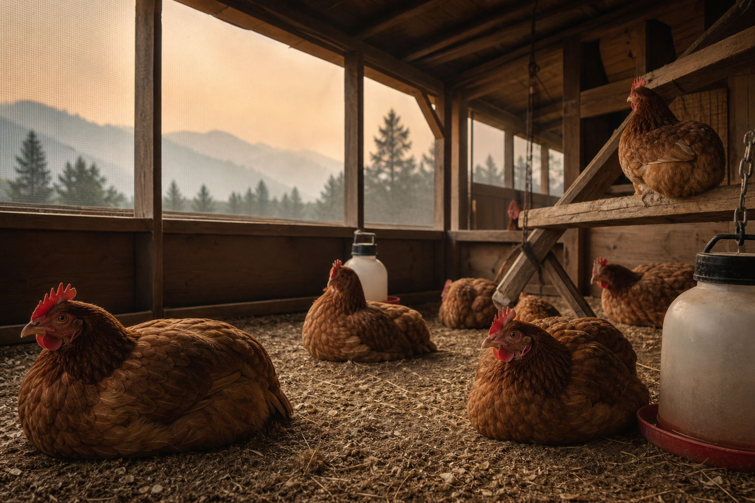 Poules abritées dans un poulailler pendant un épisode de fumée d'incendie