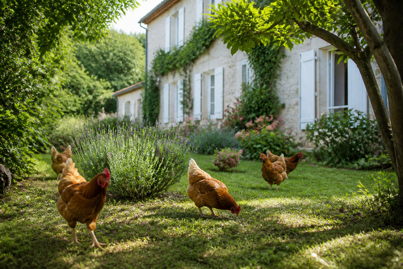 Poules pondeuses dans un jardin en Gironde