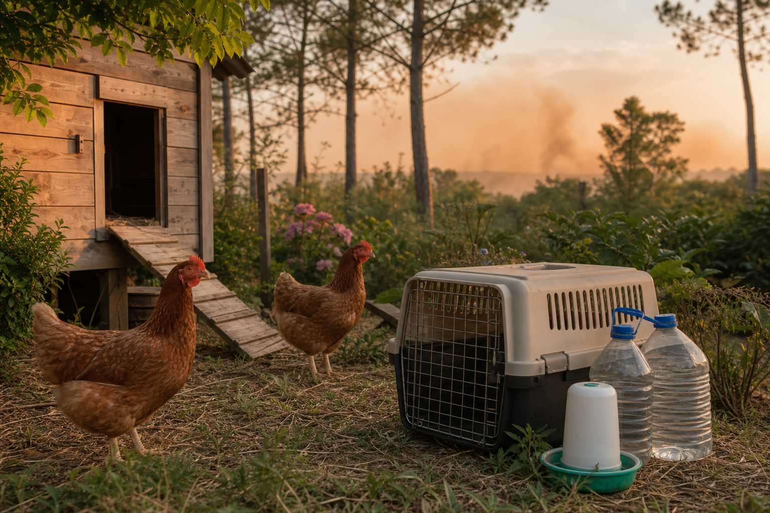 Poules et cages de transport prêtes pour une évacuation incendie en Gironde