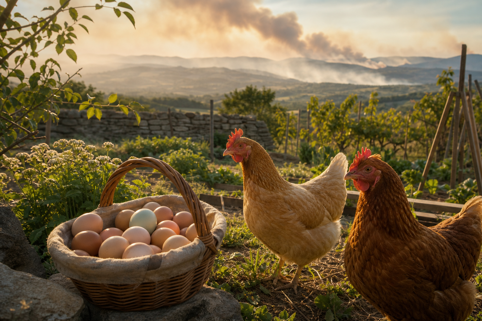 Œufs frais du jardin et poules pendant la crise incendie en Nouvelle-Aquitaine