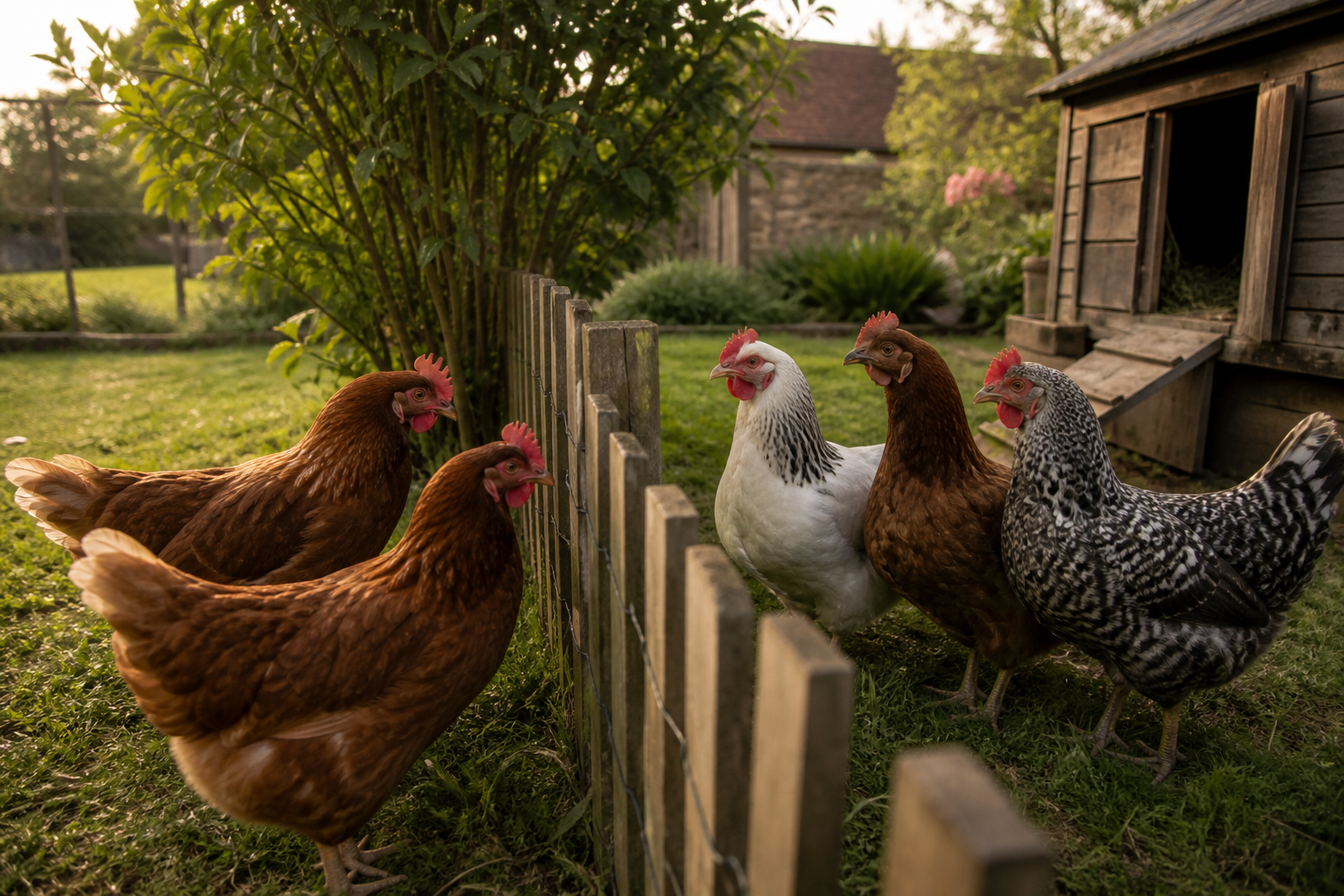 Nouvelles poules qui rencontrent le troupeau à travers un grillage de jardin