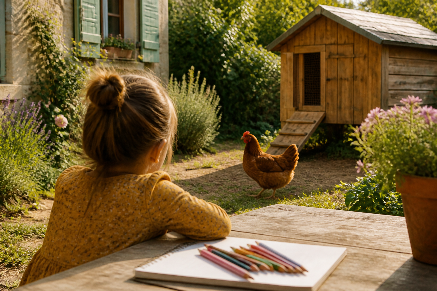 Enfant qui observe une poule dans le jardin à la rentrée