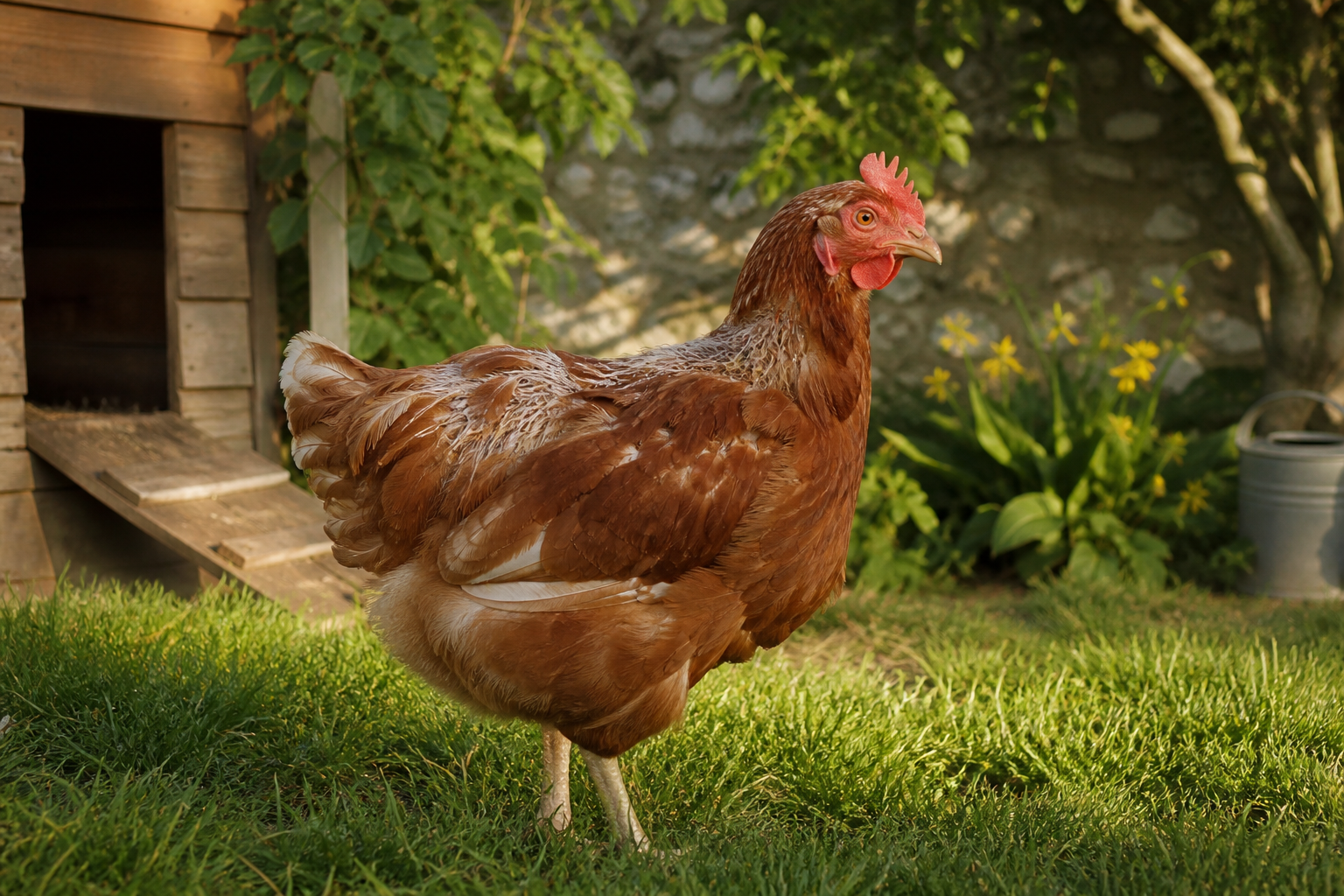 Poule en mue dans le jardin en août — plumage qui se renouvelle