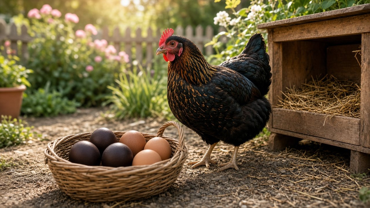 Poule Marans et œufs très foncés dans un panier de jardin