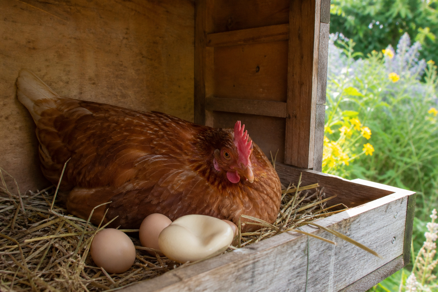 Poule pondeuse dans le pondoir avec œufs — coquille molle