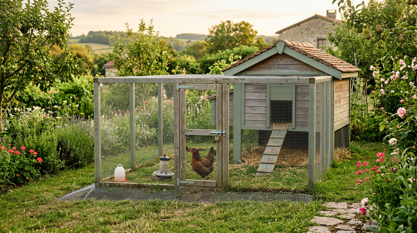 Poulailler en bois et enclos grillagé sécurisé au jardin