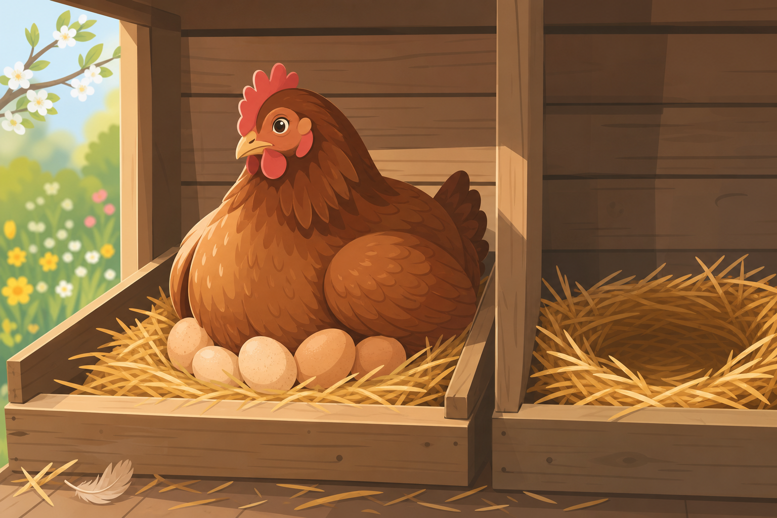 Illustration : poule couveuse sur son nid