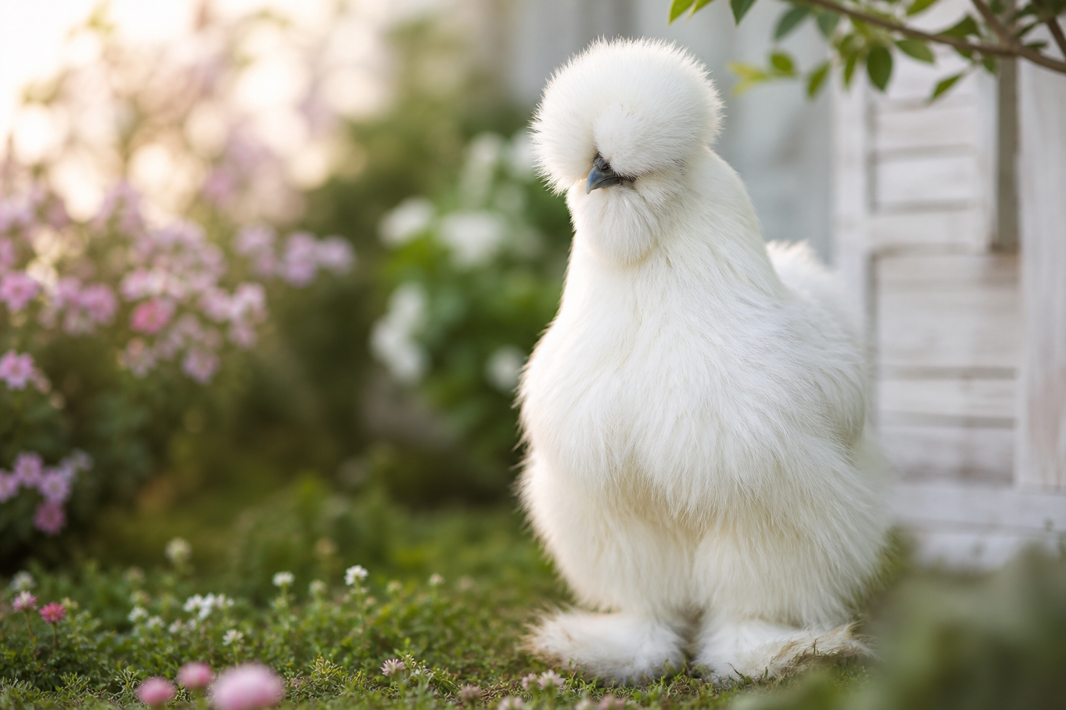 Poule de Soie blanche au plumage duveteux