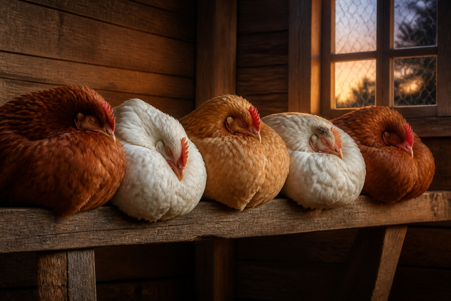 Poules endormies sur un perchoir dans un poulailler au coucher du soleil