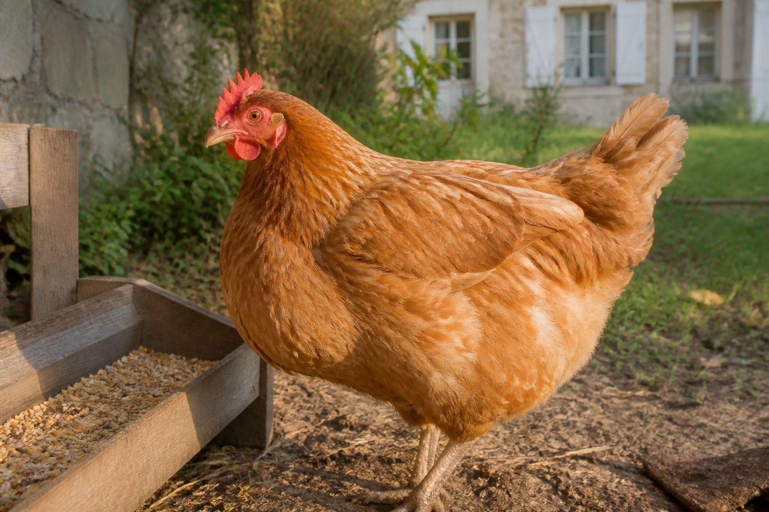 Poule pondeuse près de la mangeoire — le jabot se palpe à la base du cou