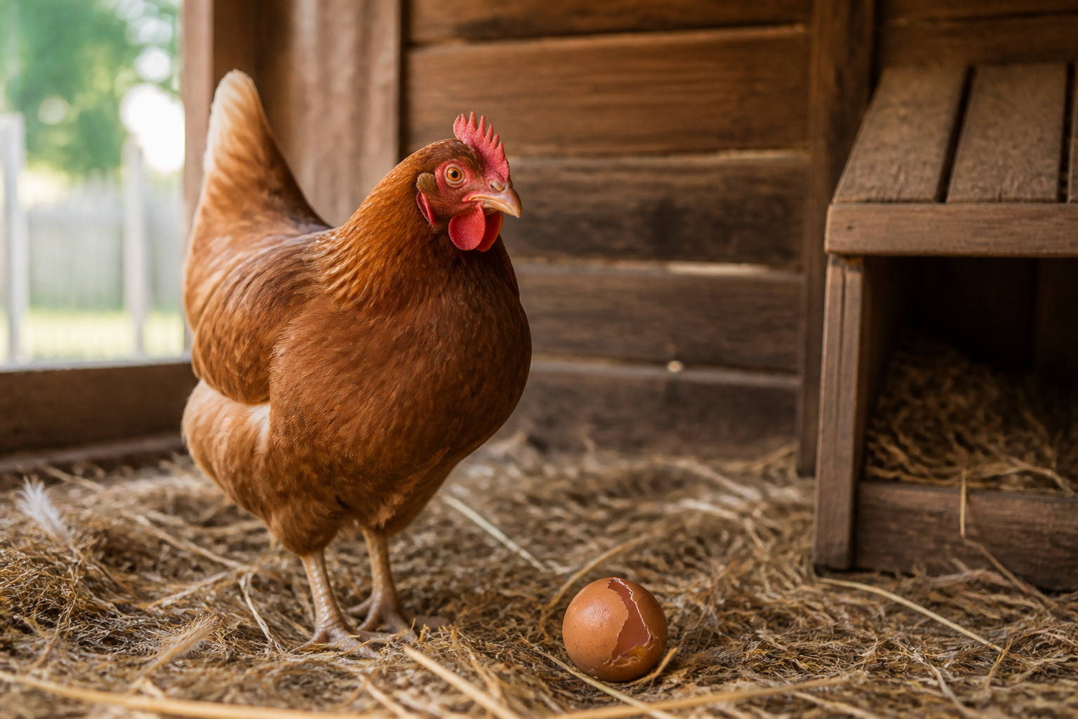 Poule près d'un œuf cassé dans le poulailler