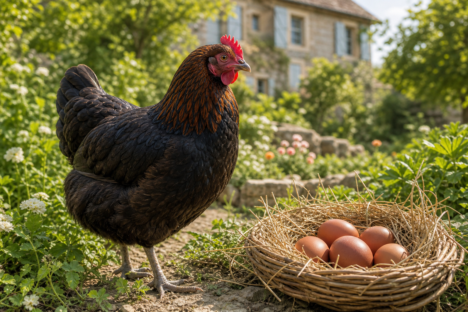 Poule Marans noire cuivrée avec œufs chocolat