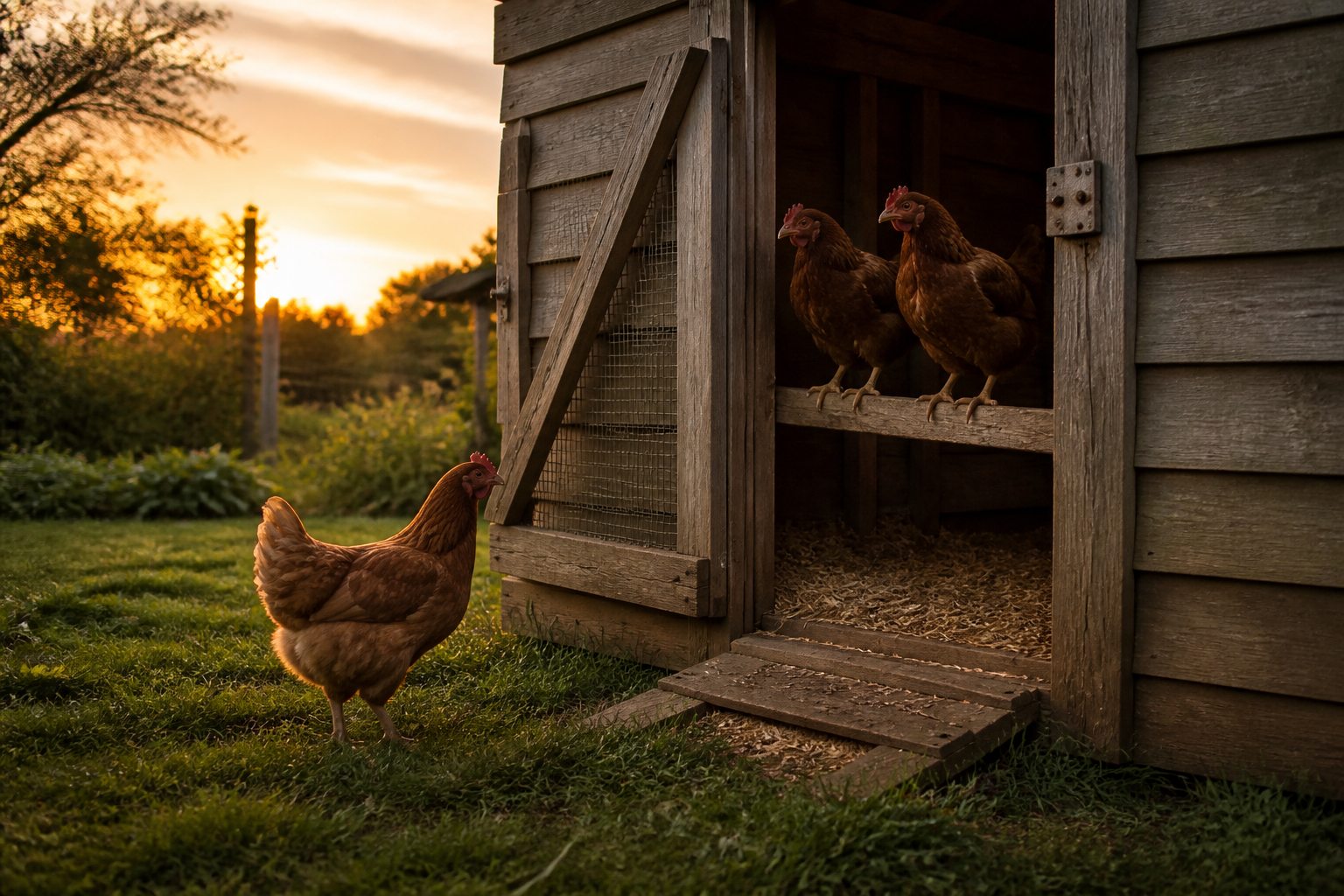 Poules au crépuscule — une hésite encore devant le poulailler