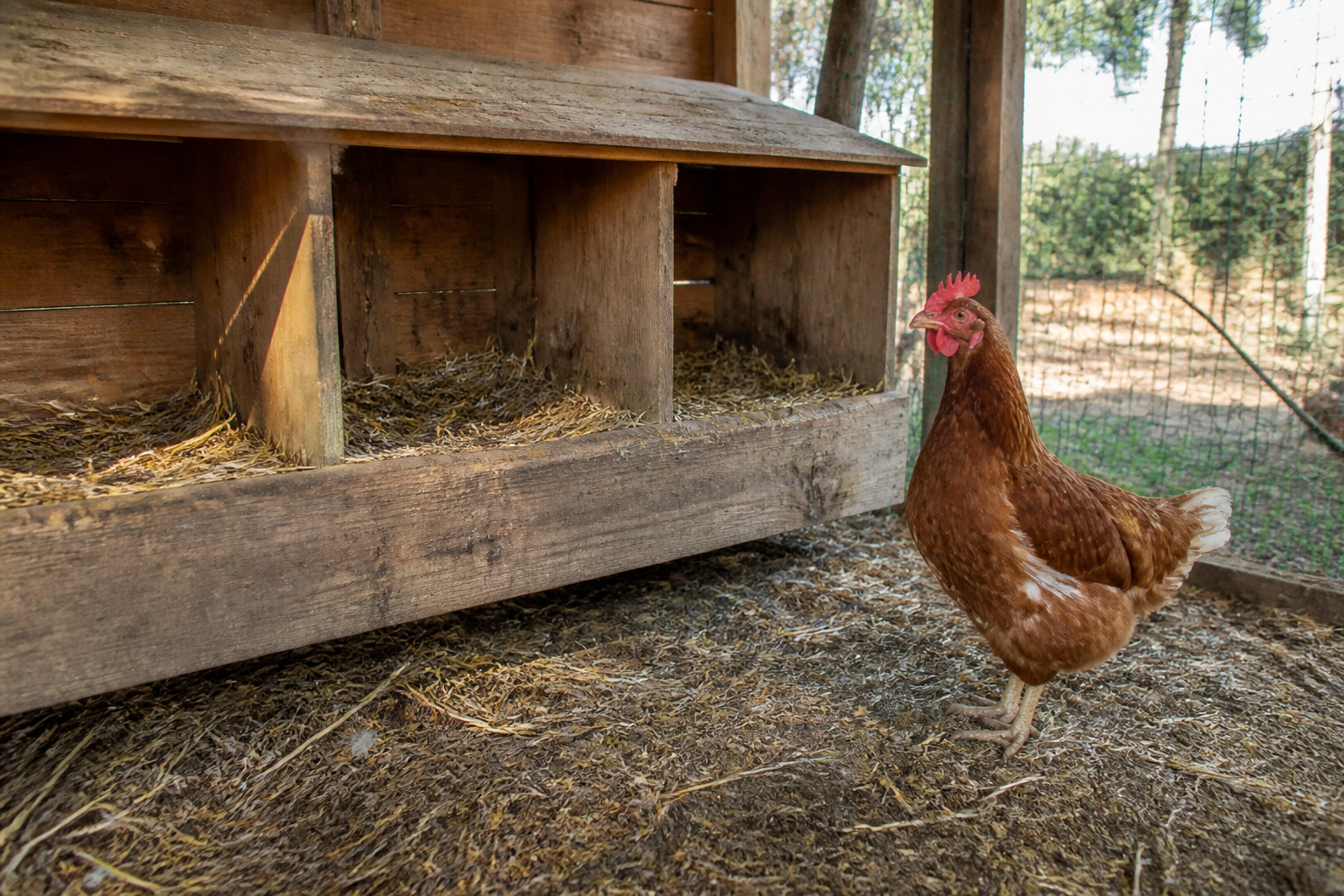 Pondoir en bois et poule pondeuse au sol dans un poulailler de jardin