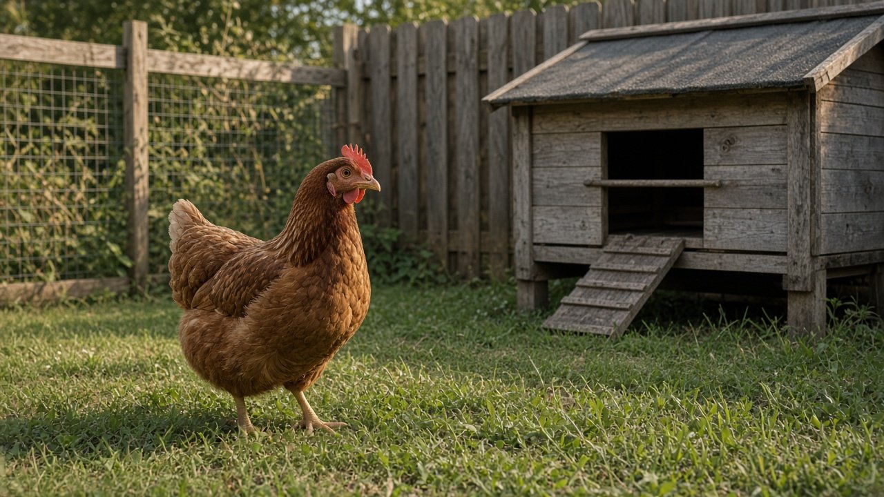 Poule pondeuse seule dans un enclos de jardin