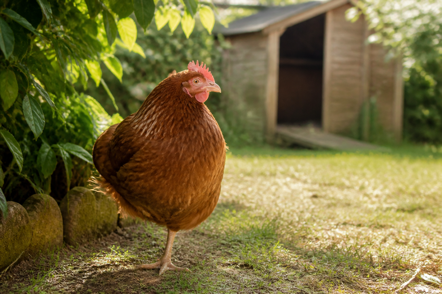 Poule brune qui se tient calmement sur une patte dans le jardin