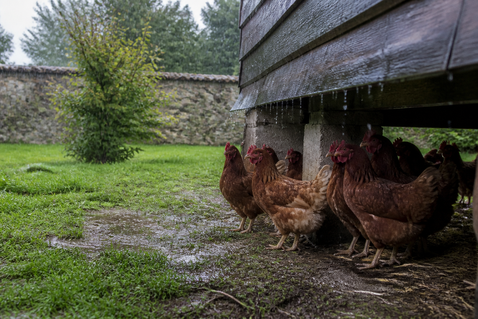 Poules pondeuses à l’abri sous un auvent pendant une averse