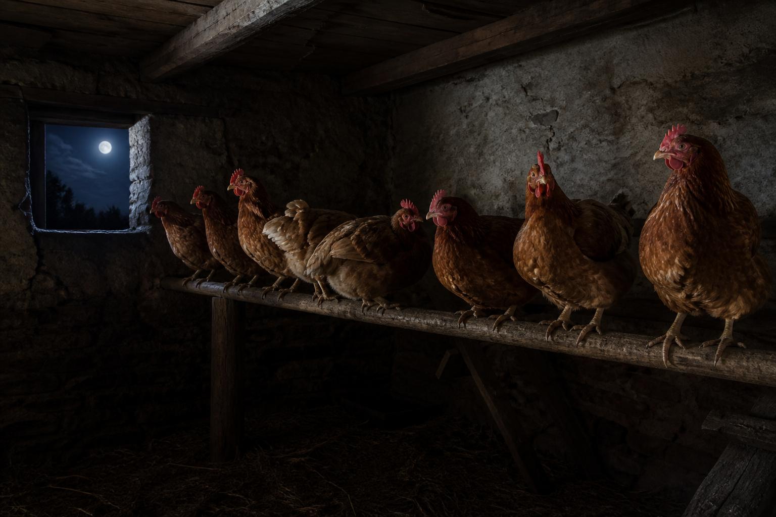 Poules endormies sur le perchoir dans un poulailler sombre