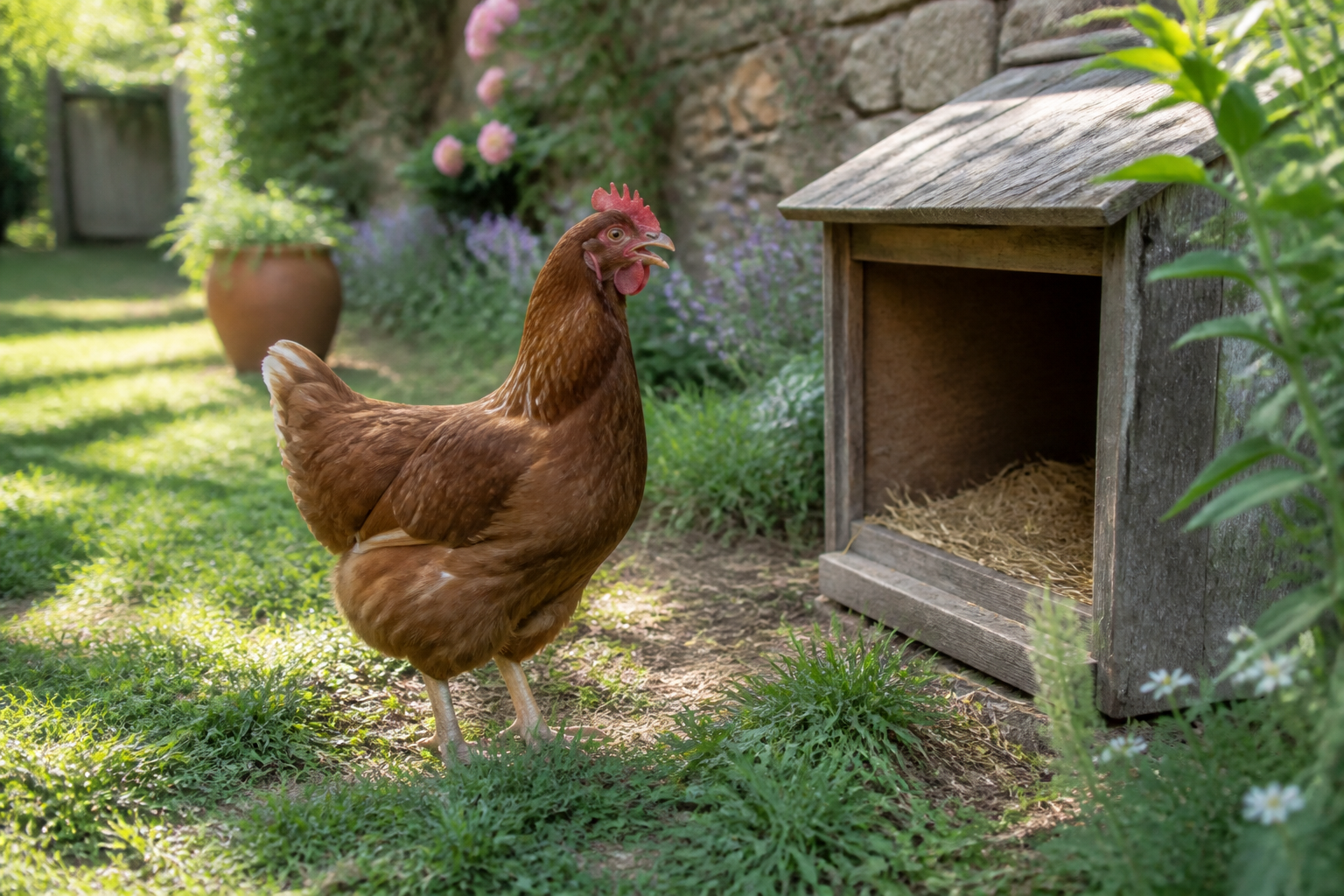 Poule qui caquette après avoir pondu dans le poulailler
