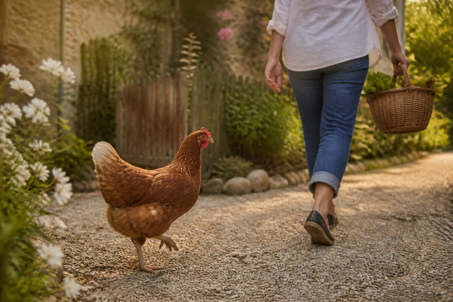 Poule pondeuse au jardin près d’une personne — un bec curieux, pas une attaque