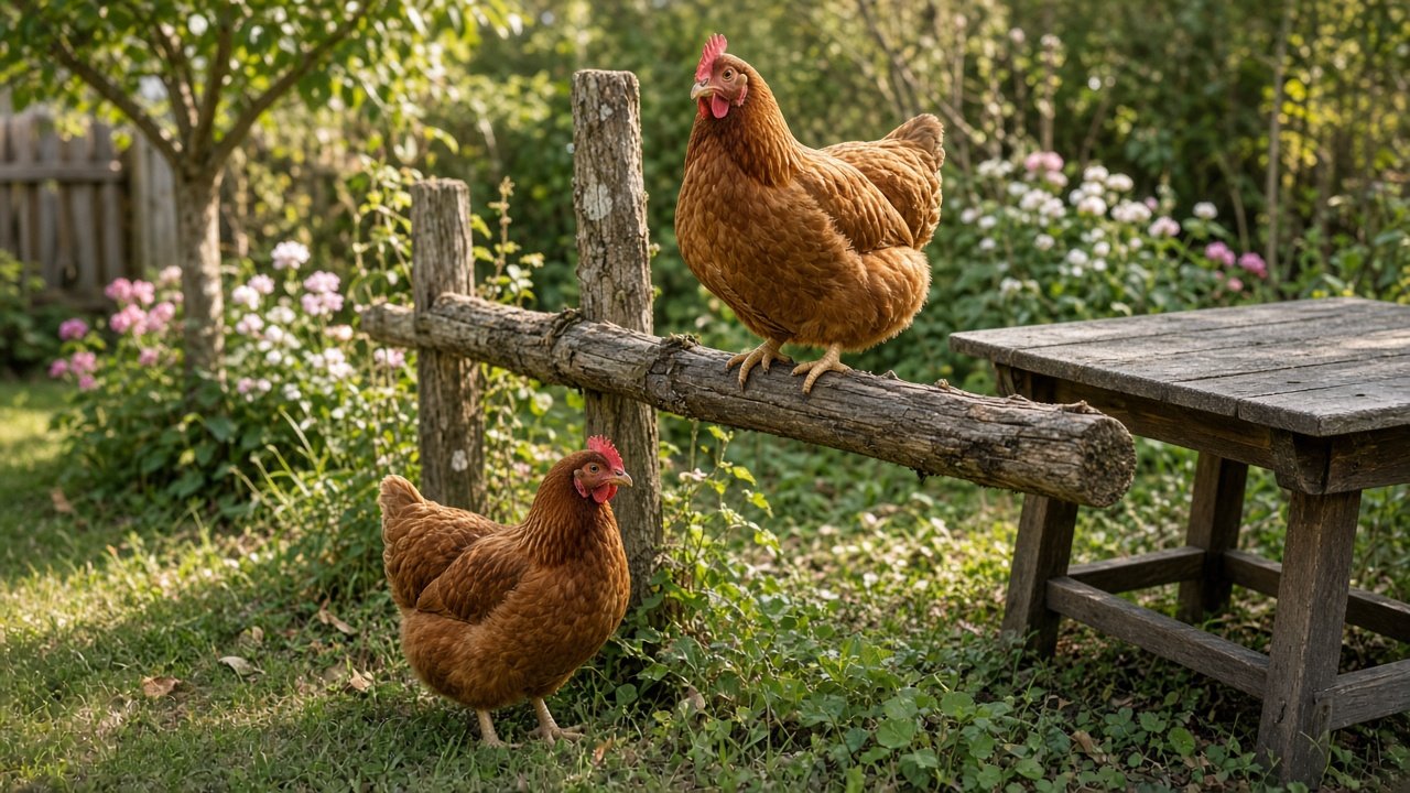 Poule pondeuse perchée sur une clôture de jardin en Gironde