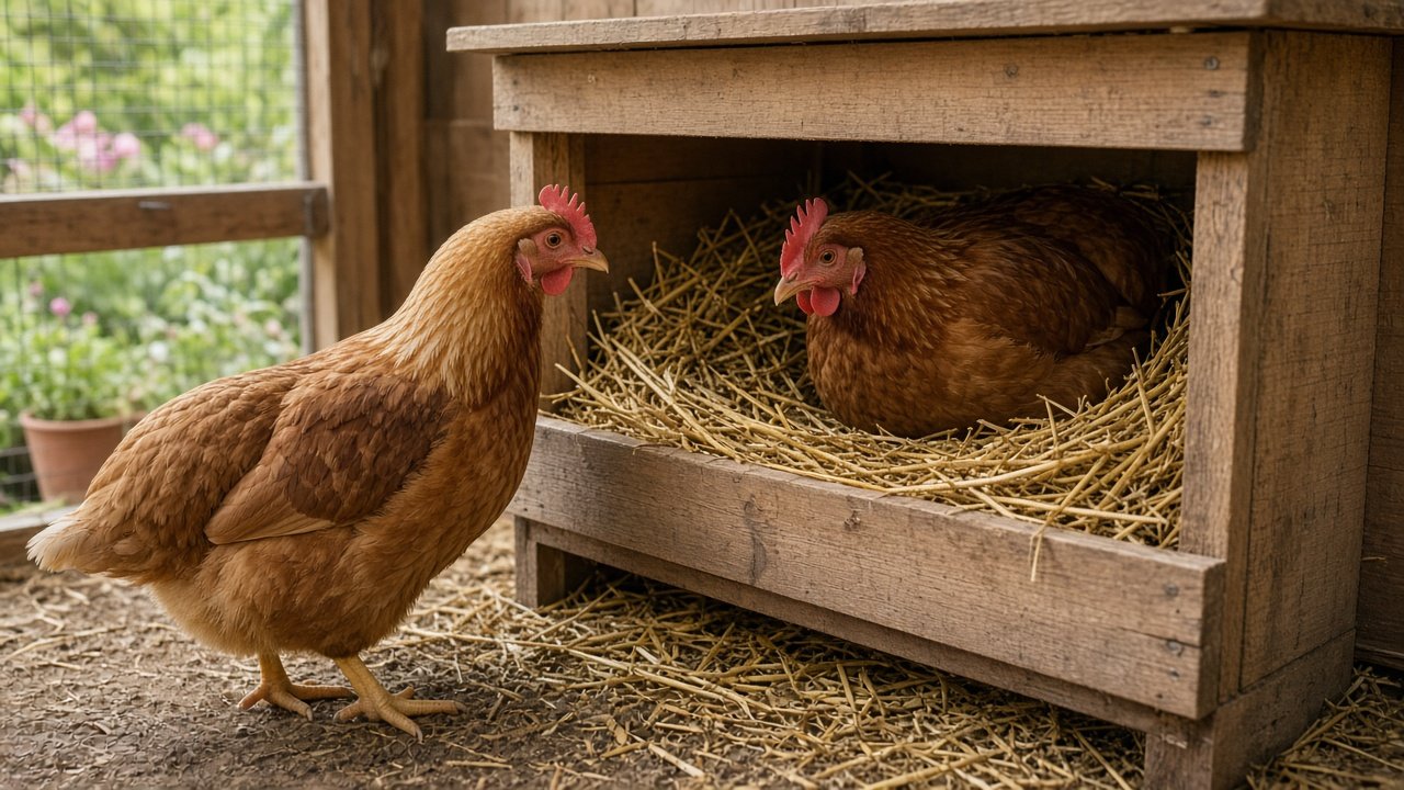 Deux poules au pondoir, l’une attend, l’autre est dans le nid