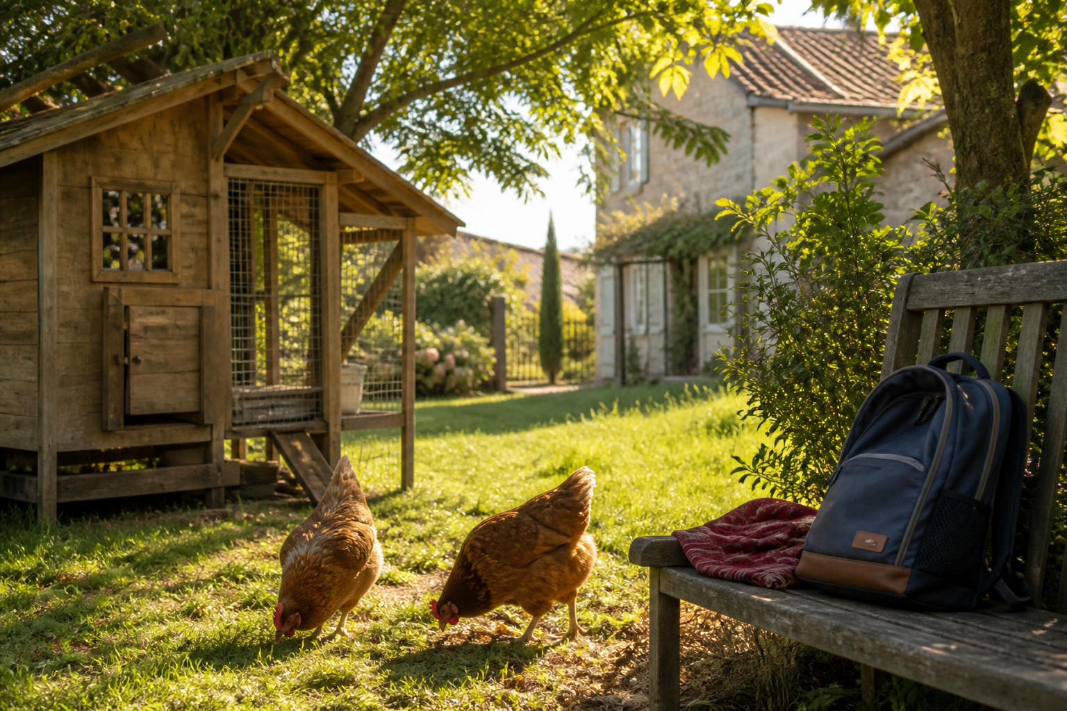 Enfants et poules au jardin — on porte avec calme, on ne serre pas comme une peluche