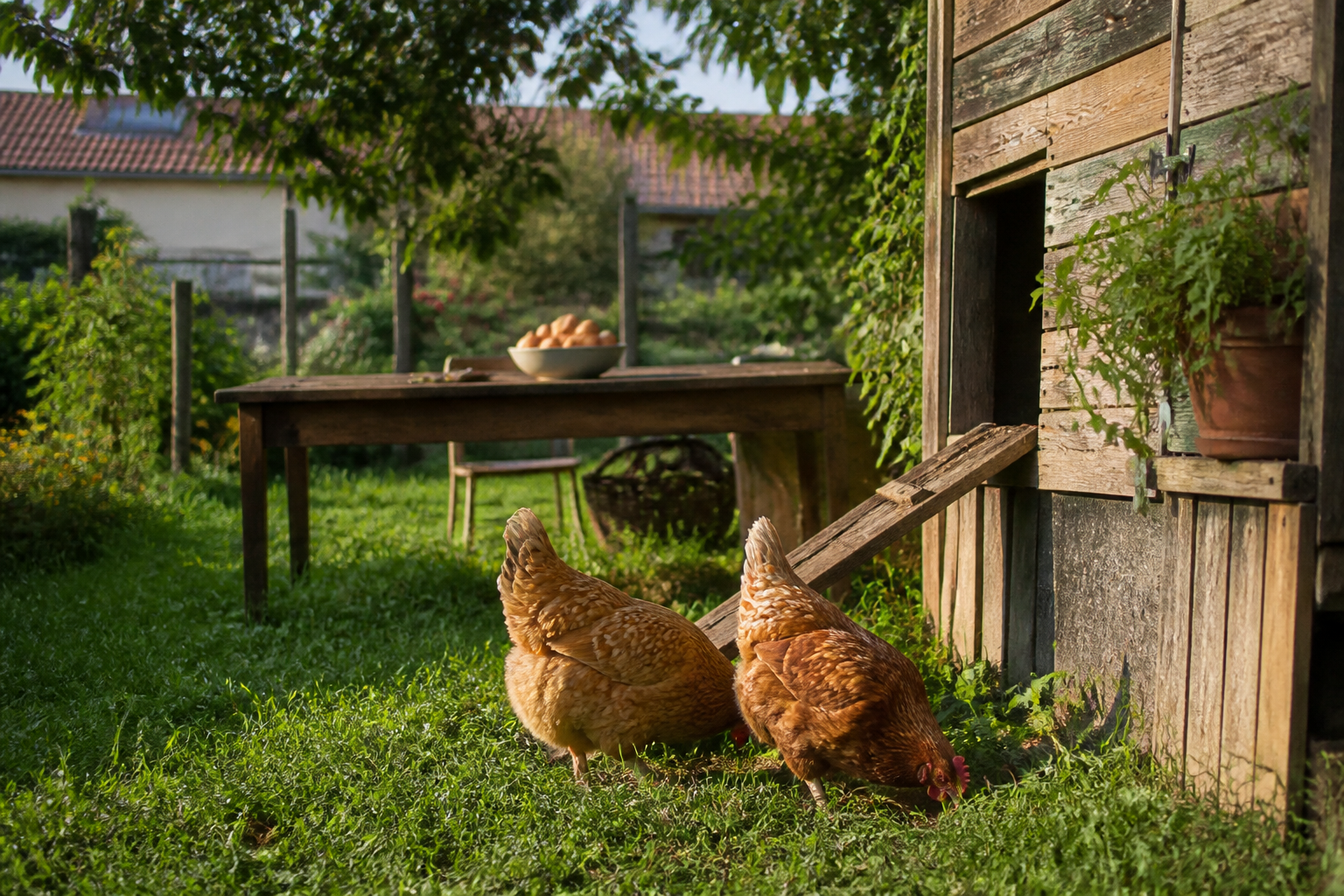 Poules pondeuses au jardin fin août — dernière semaine avant la rentrée