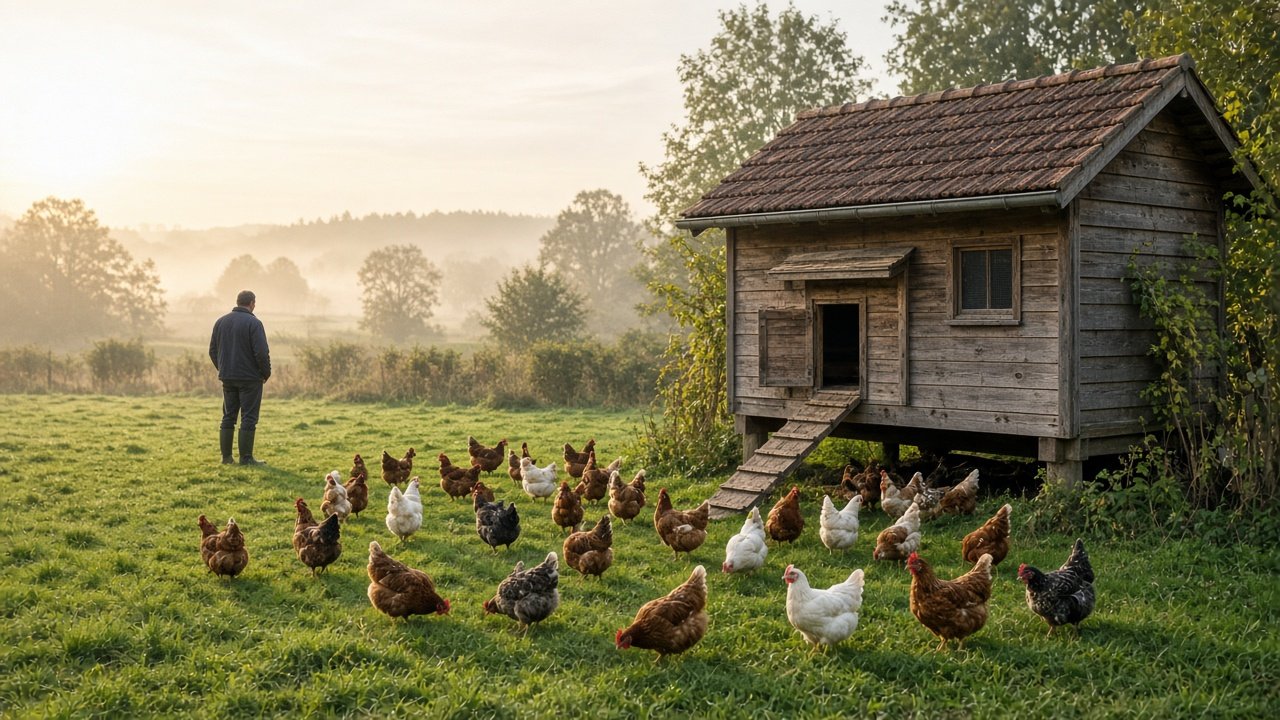Poules en parcours près d’un poulailler, élevage à taille humaine