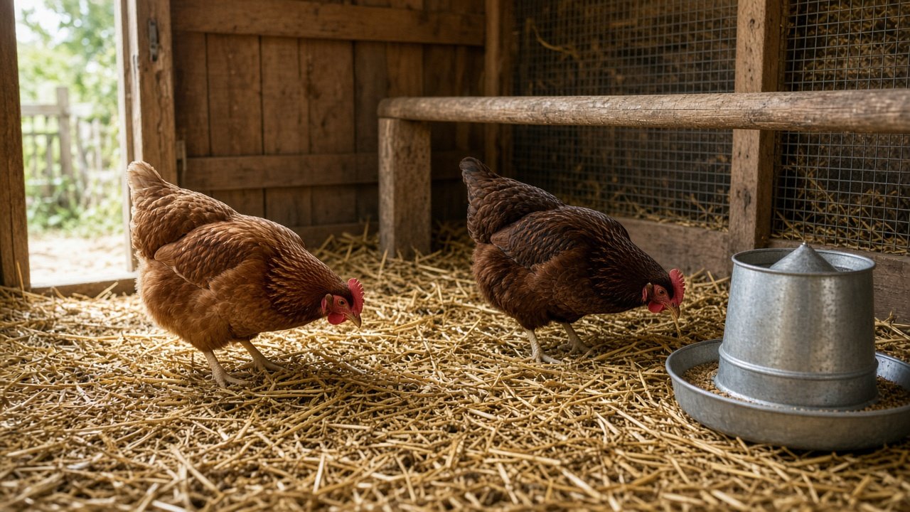 Poulailler de jardin propre, litière sèche, poules pondeuses