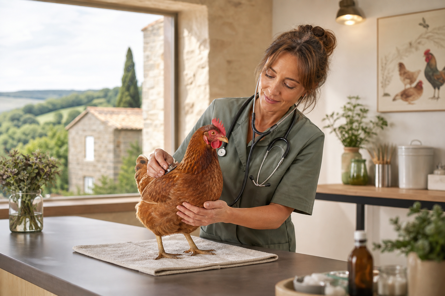 Vétérinaire examinant une poule