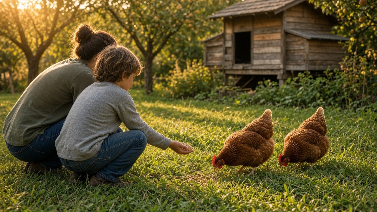 Famille au jardin avec des poules pondeuses en Gironde